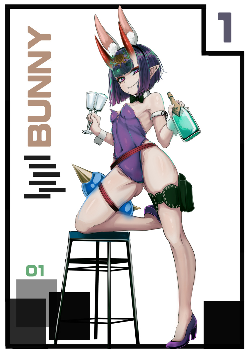 1girl absurdres animal_ears b.d bare_shoulders belt bottle bow bowtie breasts covered_navel cup detached_collar drinking_glass eyeliner fake_animal_ears fate/grand_order fate_(series) full_body gourd headpiece high_heels highleg highleg_leotard highres horns leotard looking_at_viewer makeup oni oni_horns playboy_bunny pointy_ears purple_eyes purple_footwear purple_hair purple_leotard rabbit_ears short_eyebrows short_hair shuten_douji_(fate) skin-covered_horns small_breasts smile solo stool thigh_strap wine_bottle wine_glass wrist_cuffs