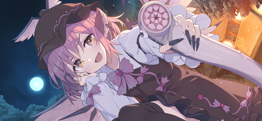 :d animal animal_ears bird_wings black_nails bow bowtie brown_dress brown_eyes brown_headwear brown_thighhighs collarbone dress earrings eel feathered_wings fingernails full_moon holding holding_animal jewelry long_fingernails long_sleeves looking_at_viewer moon mystia_lorelei night night_sky non-web_source official_art open_mouth outdoors pink_bow pink_bowtie second-party_source sharp_fingernails shirt sky sleeveless sleeveless_dress smile star_(sky) starry_sky tam-u thighhighs touhou touhou_gensou_eclipse tree white_shirt winged_hat wings