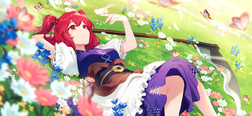 1girl apron asahikawa_hiyori bird bird_on_hand blue_butterfly blue_flower bug butterfly dress dutch_angle fingernails flower frilled_sleeves frills grass hair_bobbles hair_ornament light_blush light_smile looking_at_animal lying non-web_source official_art on_back on_ground onozuka_komachi puffy_short_sleeves puffy_sleeves purple_dress red_eyes red_flower red_hair scythe second-party_source shirt short_hair short_sleeves short_twintails sleeveless sleeveless_dress solo touhou touhou_gensou_eclipse twintails waist_apron white_apron white_bird white_flower white_shirt yellow_flower