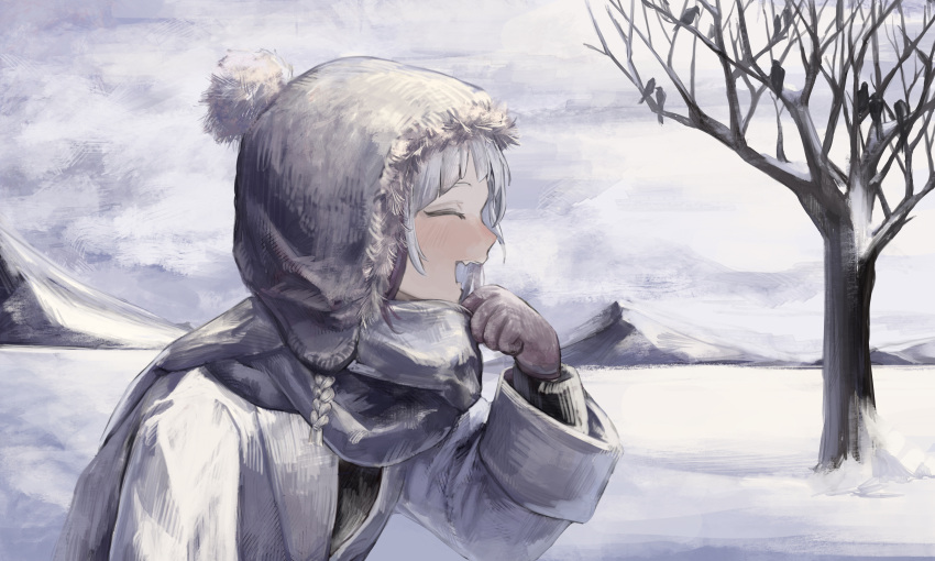 absurdres ambiguous_gender bird blush breath choppy_bangs closed_eyes cloud cloudy_sky fangs from_side grey_hair grey_scarf happy highres mittens mountain multicolored_hair nose_blush open_mouth original profile scarf scenery sky snow solo tree upper_body winter winter_clothes