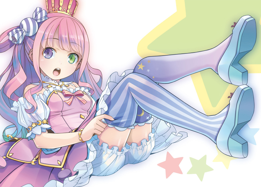 1girl asymmetrical_legwear bloomers breasts candy_hair_ornament crown detached_sleeves dress food-themed_hair_ornament full_body green_eyes hair_ornament heterochromia high_heels highres himemori_luna himemori_luna_(1st_costume) hololive legs_up long_hair looking_at_viewer medium_breasts mismatched_legwear open_mouth pink_dress pink_hair pop_(electromagneticwave) puffy_short_sleeves puffy_sleeves purple_eyes short_sleeves sitting solo striped striped_thighhighs teeth thighhighs upper_teeth_only vertical-striped_thighhighs vertical_stripes virtual_youtuber white_bloomers