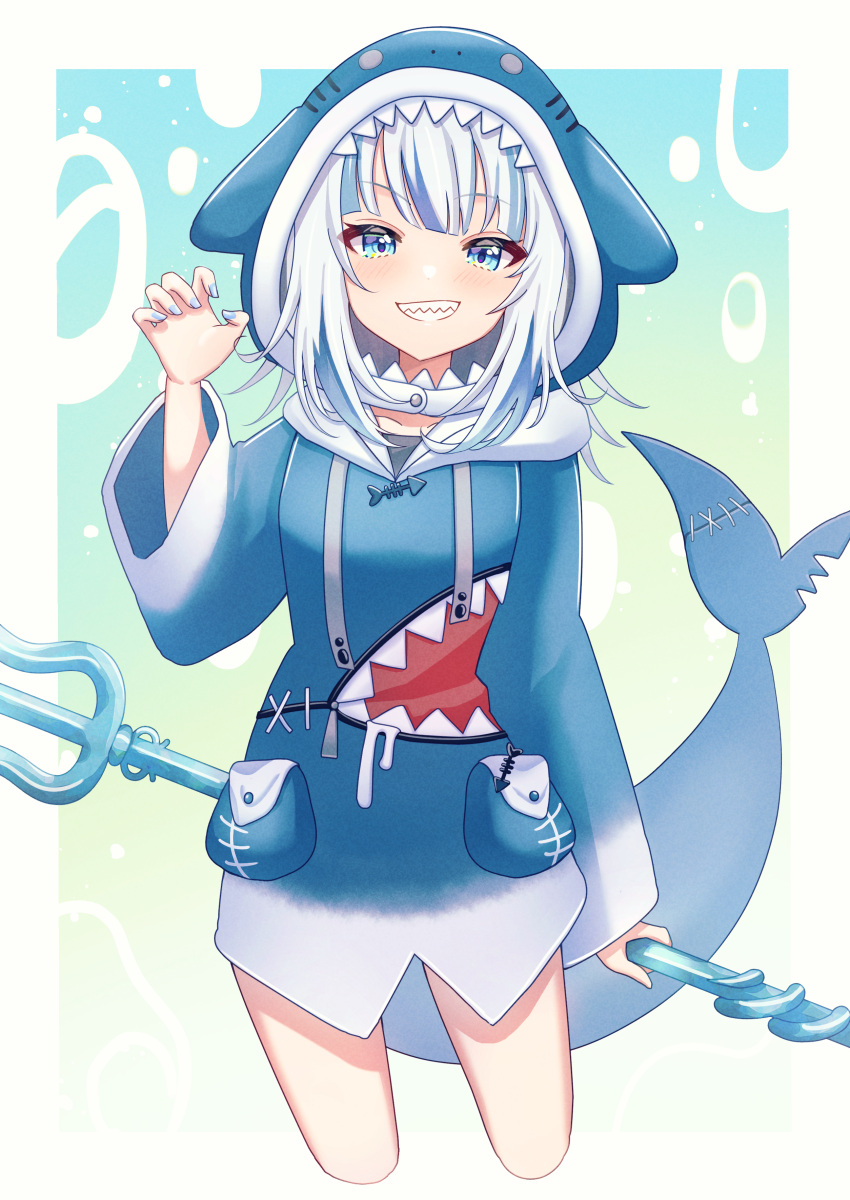 1girl absurdres animal_hood blue_eyes blue_sky blush claw_pose commentary cropped_legs fins fish_tail gawr_gura gawr_gura_(1st_costume) grin highres holding_trident hololive hololive_english hood hoodie long_hair long_sleeves looking_at_viewer multicolored_hair nail_polish pocket polearm shark_girl shark_hood shark_tail sharp_teeth sky smile solo streaked_hair tail teeth trident tsumurimai virtual_youtuber weapon white_hair zipper_pull_tab