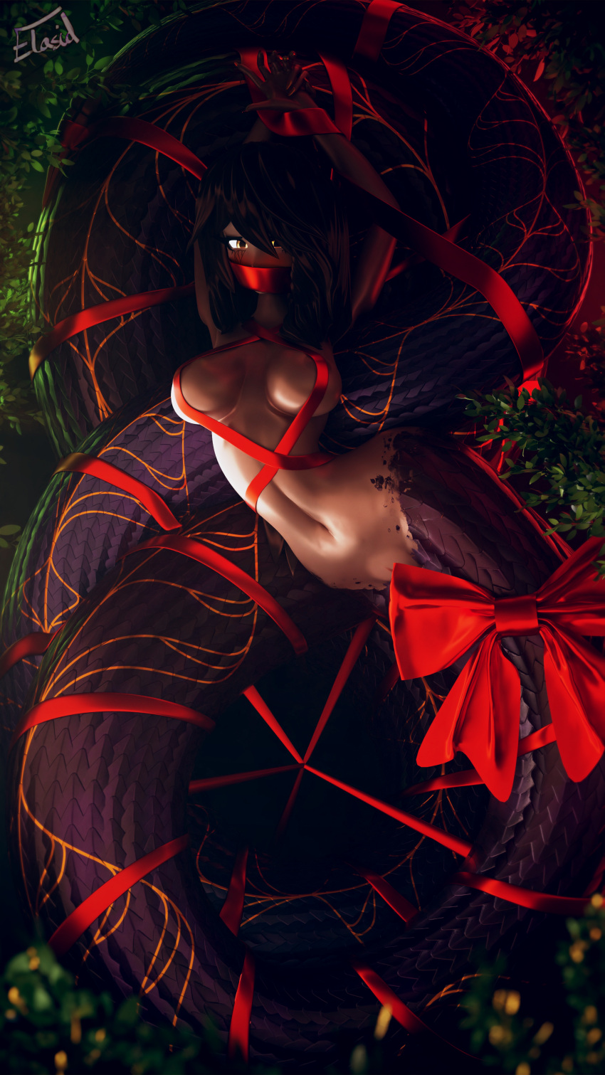 absurd_res apode arms_tied bdsm big_breasts blush bondage bound bow_ribbon breasts brown_hair christmas christmas_decorations christmas_tree coiled_tail coiled_up draconcopode elasid embarrassed female glistening glistening_body hair hands_behind_head hi_res holidays hybrid lamia legless living_tail long_tail navel nude nude_female plant purple_body purple_scales purple_tail rattle_(anatomy) reptile ribbon_bondage ribbons scales scalie serpentine sierra_(elasid) snake snake_tail solo split_form tail tail_bondage tail_tied tanned_skin tree unusual_anatomy unusual_tail yellow_eyes