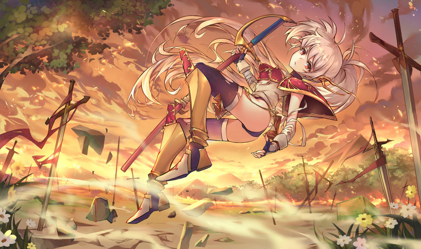 1girl armored_boots ass bandages boots chaun cloud fingerless_gloves gloves grey_hair highres holding holding_sword holding_weapon langrisser langrisser_iii langrisser_mobile leotard long_hair looking_at_viewer looking_back luna_(langrisser) outdoors planted planted_sword purple_thighhighs red_eyes solo sword thighhighs torn_clothes torn_thighhighs tree twilight very_long_hair weapon
