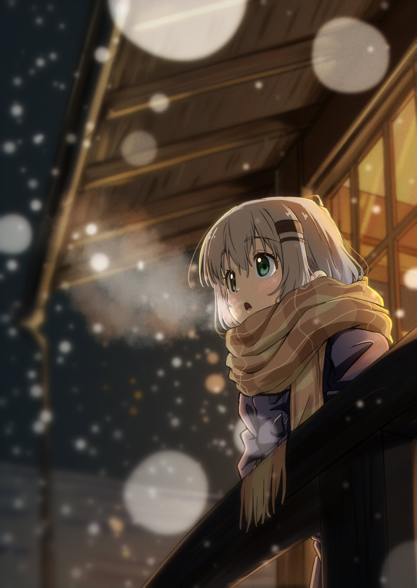 1girl absurdres blush breath coat commentary_request green_eyes grey_hair hair_ornament hairclip highres natsuki_hiroshi night open_mouth outdoors scarf short_hair sky snow snowing solo veranda window winter_clothes yama_no_susume yukimura_aoi