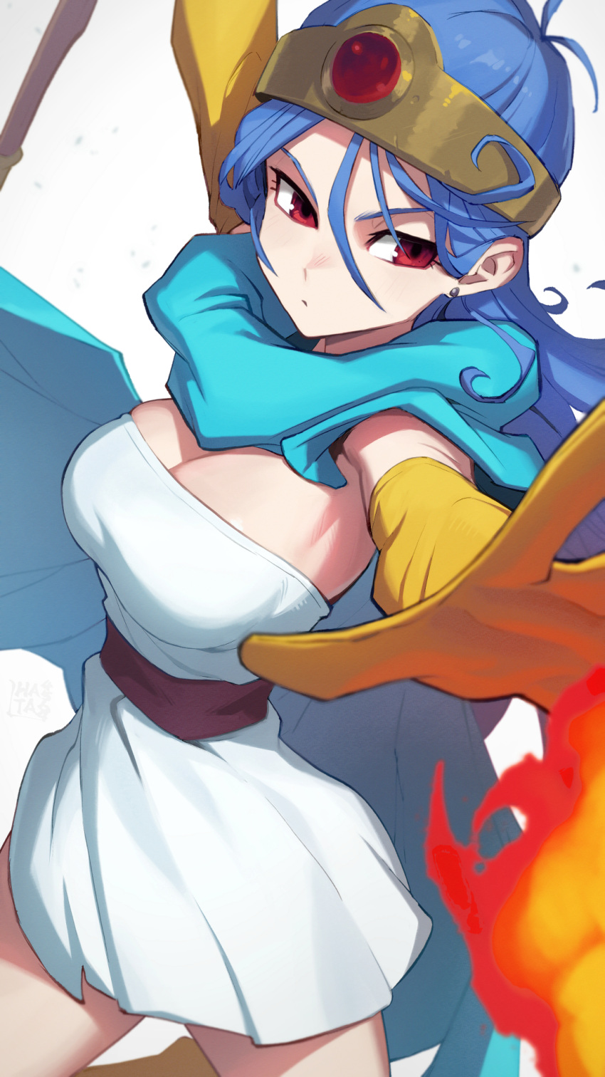 1girl blue_cape blue_hair breasts cape dragon_quest dragon_quest_iii dress fire gloves hata4564 headpiece highres large_breasts orange_gloves red_eyes sage_(dq3) short_dress solo strapless strapless_dress white_dress