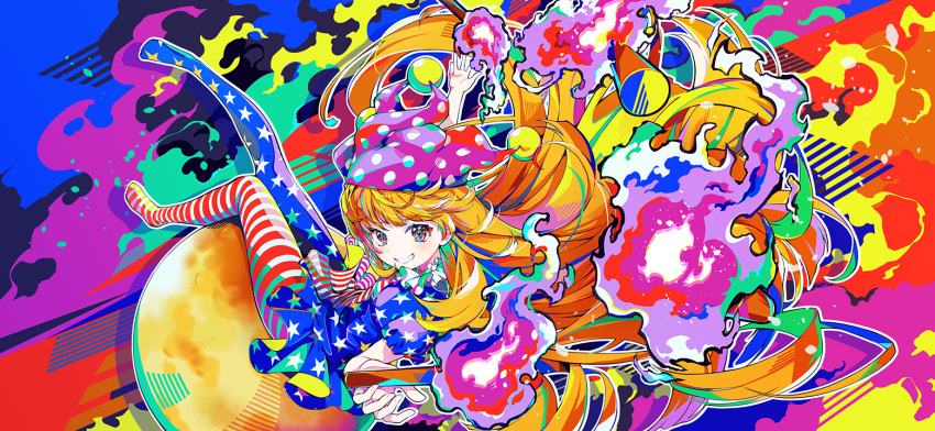 1girl american_flag_dress american_flag_legwear blonde_hair blue_dress blue_leggings blush clownpiece colorful dress fire grin hat jester_cap juggling leggings long_hair looking_at_viewer moon multicolored_eyes non-web_source official_art polka_dot_headwear purple_fire purple_headwear red_dress red_leggings second-party_source shachi_mr smile solo teeth torch touhou touhou_gensou_eclipse two-tone_dress very_long_hair