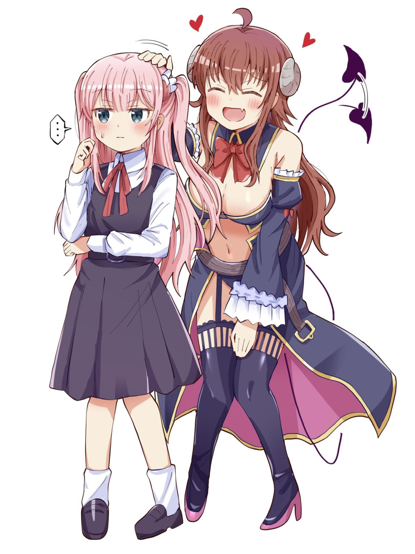 ... 2girls :d :| ^_^ age_difference aged_down ahoge aqua_eyes armpit_crease bare_shoulders black_footwear black_skirt black_vest blunt_bangs blush boots bow breasts brown_hair chiyoda_momo cleavage closed_eyes closed_mouth crisis_management_form_(machimazo) demon_girl demon_horns demon_tail detached_collar detached_sleeves expressive_tail fang frilled_sleeves frills frown full_body garter_straps hair_between_eyes hand_up headpat heart hellfire00001 high-waist_skirt high_heels highres horns jitome juliet_sleeves knees_together_feet_apart large_breasts long_hair long_sleeves looking_afar lovestruck machikado_mazoku motion_lines multiple_girls neck_ribbon open_mouth pink_hair puffy_sleeves red_bow red_ribbon ribbon shirt shy sidelocks simple_background skin_fang skirt smile spoken_ellipsis standing sweatdrop tail tail_raised tail_wagging thigh_boots two_side_up very_long_hair vest white_background white_shirt wide_sleeves wing_hair_ornament yoshida_yuuko_(machikado_mazoku)