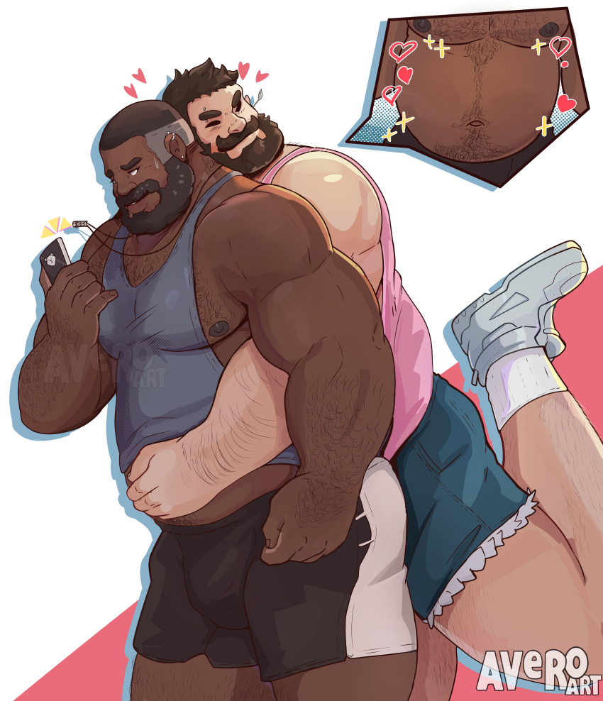 2boys absurdres arm_hair avero_art bara beard belly bulge chest_hair couple dark-skinned_male dark_skin facial_hair feeling_body_hair feet_out_of_frame from_side full_beard hairy happy heart highres holding holding_phone hug hug_from_behind interracial large_pectorals leg_hair leg_up lifted_by_another loving_aura male_focus mature_male multiple_boys muscular muscular_male navel_hair nipples original pectorals phone pink_shirt plump shirt shoes short_hair sidepec sneakers sparkling_aura spoken_object thick_beard thick_eyebrows thick_mustache thick_thighs thighs very_dark_skin yaoi