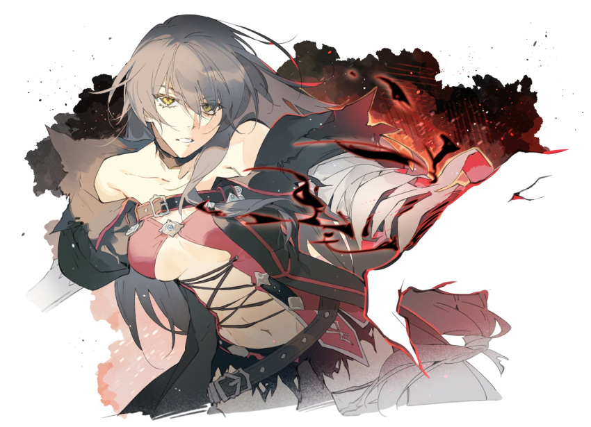 1girl bandaged_arm bandages bare_shoulders belt black_hair breasts cleavage_cutout clothing_cutout fire floating_hair fur_collar hair_between_eyes highres large_breasts long_hair looking_at_viewer navel solo tales_of_(series) tales_of_berseria torn_clothes velvet_crowe xing_20 yellow_eyes