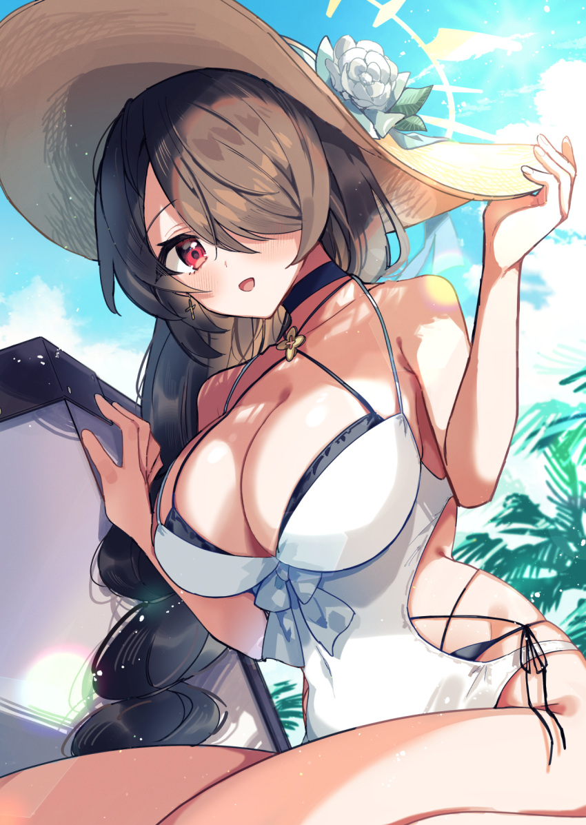 1girl a_yam2m black_hair blue_archive blue_sky blush braid braided_ponytail breasts brown_headwear cleavage cloud cross cross_earrings earrings halterneck hat highres hinata_(blue_archive) hinata_(swimsuit)_(blue_archive) jewelry large_breasts long_hair looking_at_viewer official_alternate_costume one-piece_swimsuit open_mouth palm_leaf red_eyes single_earring sky smile solo sun_hat swimsuit white_one-piece_swimsuit