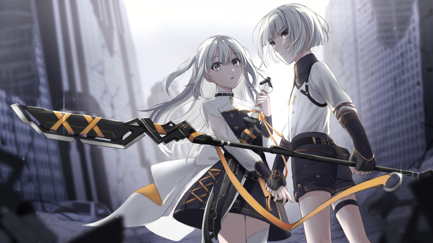 2girls absurdres belt city collared_shirt fingerless_gloves glint gloves grey_eyes highres holding holding_hands holding_sword holding_weapon long_hair long_sleeves looking_at_viewer looking_back multiple_girls nil_(pixiv_53614557) open_mouth outdoors ronguteru_(towa_tsugai) ruins shirt short_hair shorts single_thighhigh skirt suzume_(towa_tsugai) sword thigh_strap thighhighs towa_tsugai two_side_up very_long_hair weapon white_hair