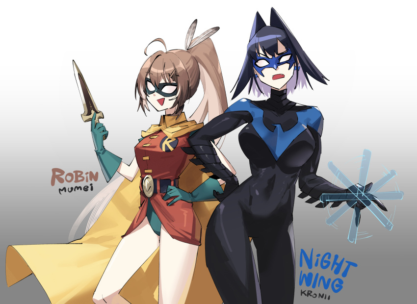 2girls adarin batman_(series) belt black_belt black_bodysuit black_hair bodysuit breasts brown_eyes brown_hair buruma cape character_name contrapposto cosplay dagger dc_comics domino_mask double-parted_bangs dress eye_mask fangs feather_hair_ornament feathers feet_out_of_frame gloves gradient_background green_buruma green_gloves grey_background hair_between_eyes hair_intakes hair_ornament hairclip hand_on_own_hip high_ponytail highres holding holding_dagger holding_knife holding_weapon hololive hololive_english knife large_breasts looking_at_viewer mask multiple_girls nanashi_mumei nightwing nightwing_(cosplay) open_mouth ouro_kronii red_dress robin_(dc) robin_(dc)_(cosplay) short_dress short_hair skin_tight virtual_youtuber weapon yellow_cape