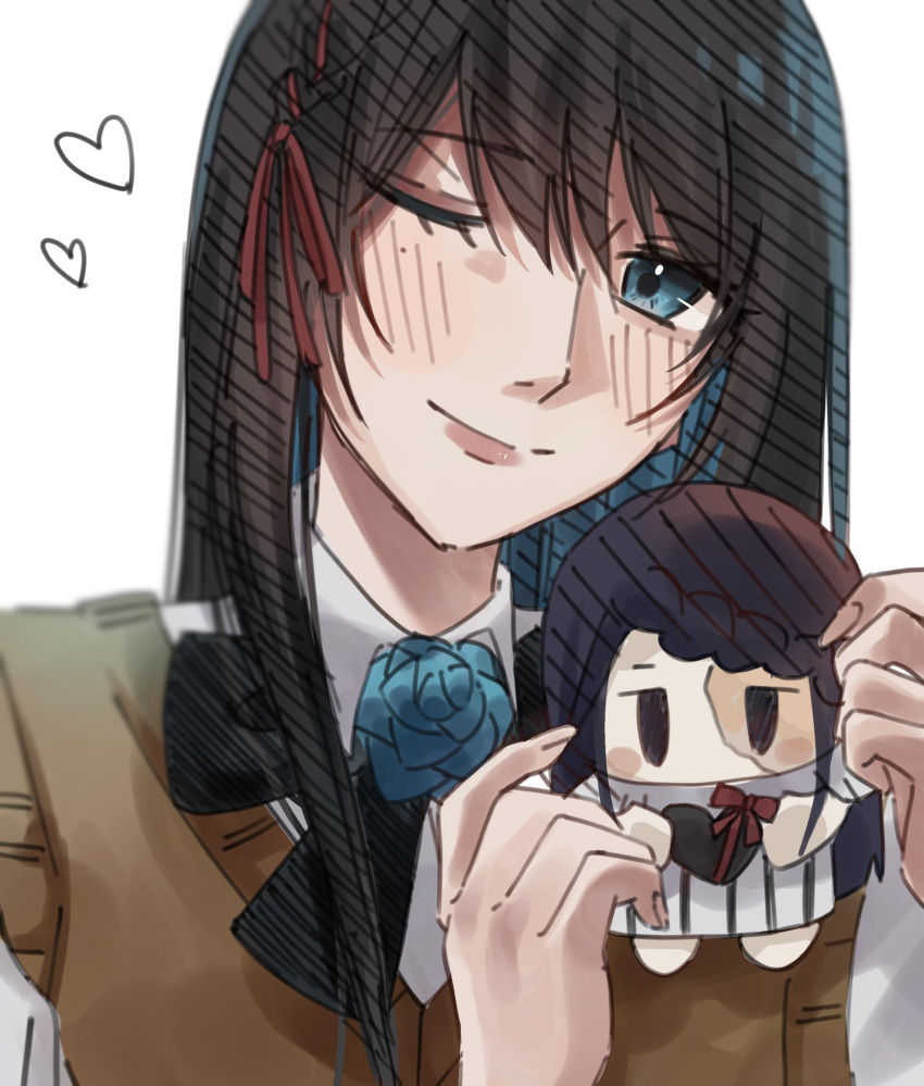 1girl ado_(utaite) black_bow black_bowtie black_hair blue_eyes blue_flower blue_hair blue_rose blush bow bowtie braid braided_bangs brown_sweater_vest chando_(ado) character_doll closed_mouth cloud_nine_inc collared_shirt colored_inner_hair commentary flower flower_brooch gira_gira hair_between_eyes highres long_hair looking_at_viewer multicolored_hair one_eye_closed rose shirt sidelocks simple_background solo spica_(spica5f9ea0) sweater_vest symbol-only_commentary two-tone_hair upper_body utaite white_background white_shirt