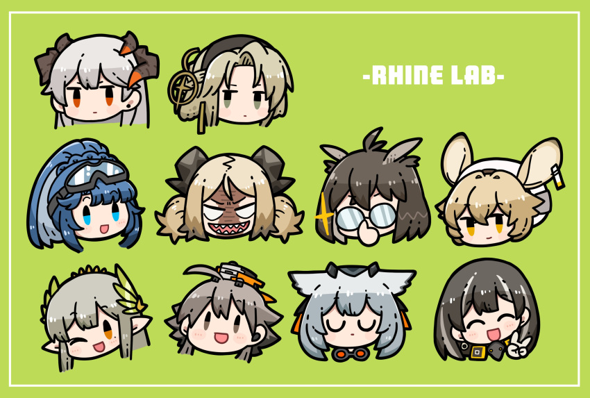 6+girls ;d adjusting_eyewear ahoge animal_ears antenna_hair arknights astgenne_(arknights) black_hairband blonde_hair blue_eyes blue_hair brown_eyes brown_hair chibi dog-san dog_ears dog_girl dorothy_(arknights) ear_tag earrings floppy_ears glasses gloves goggles goggles_around_neck goggles_on_head green_background green_eyes grey_hair hair_ornament hairband hand_up highres ifrit_(arknights) jewelry jitome kristen_(arknights) laurels long_hair magallan_(arknights) mask mask_around_neck mayer_(arknights) medium_hair mole mole_under_eye mouse_ears mouse_girl muelsyse_(arknights) multicolored_hair multiple_girls one_eye_closed opaque_glasses open_mouth orange_eyes owl_ears pointy_ears ponytail ptilopsis_(arknights) rhine_lab_(arknights) robot round_eyewear saria_(arknights) shaded_face sharp_teeth short_twintails sidelocks silence_(arknights) simple_background smile streaked_hair teeth twintails v white_gloves white_headwear yellow_eyes