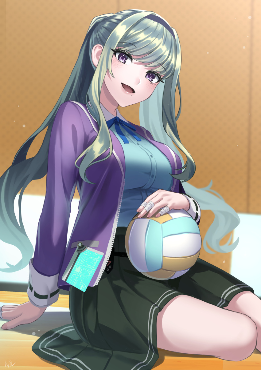 1girl absurdres arm_support bandaged_fingers bandages blazer blurry blurry_background blush collared_shirt grey_hair hairband heaven_burns_red highres jacket long_hair long_sleeves looking_at_viewer mole mole_under_mouth murohushi_risa neck_ribbon nil_(pixiv_53614557) on_floor open_mouth pleated_skirt purple_eyes ribbon school_uniform shirt sitting skirt smile solo twintails very_long_hair volleyball yokozuwari