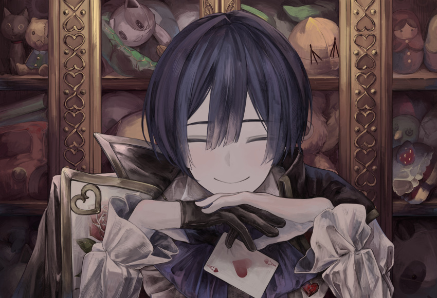 1boy absurdres black_gloves blue_hair blue_nails card closed_eyes closed_mouth dark_blue_hair doll facing_viewer frilled_sleeves frills gloves hair_between_eyes half_gloves highres holding holding_card jacket jacket_on_shoulders kaito_(vocaloid) leaning_forward male_focus matryoshka_doll nail_polish pale_skin playing_card portrait shelf shirt short_hair smile solo stuffed_toy user_uaja7725 vocaloid white_shirt