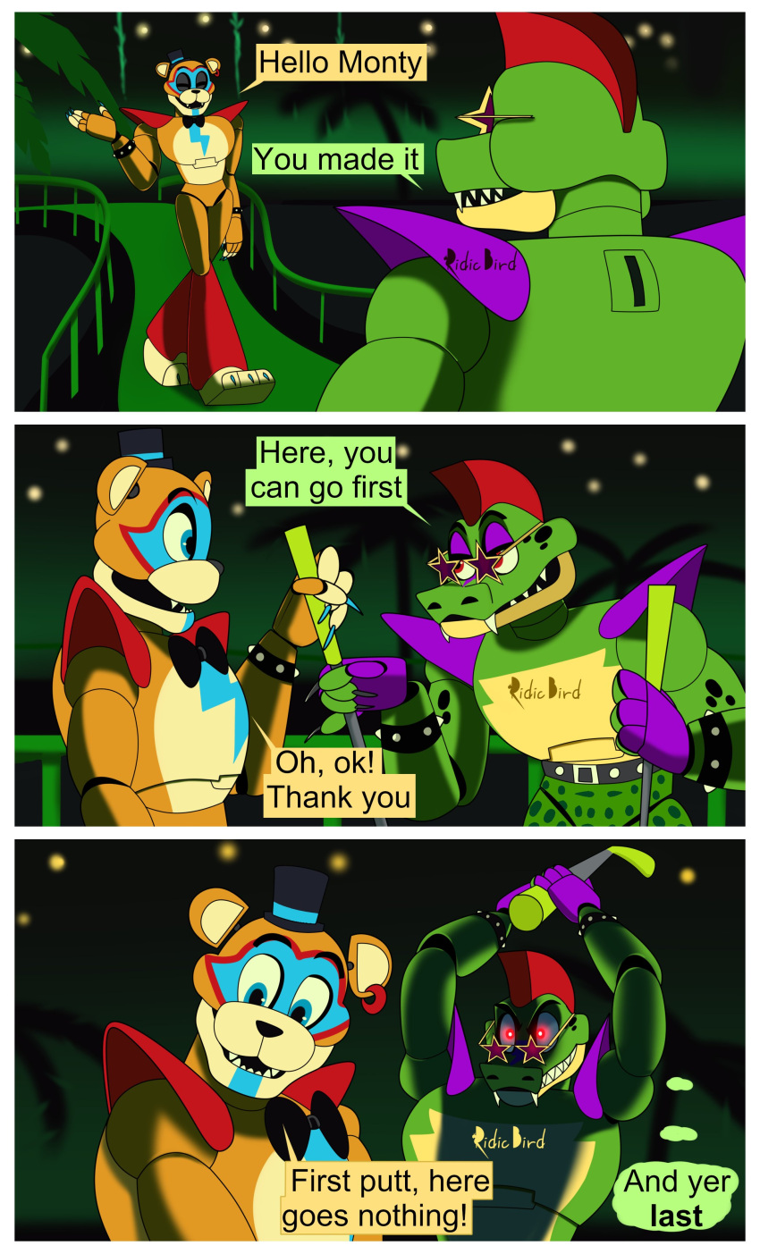 absurd_res animatronic bear comic crocodile crocodilian crocodylid dialogue english_text eyewear five_nights_at_freddy's five_nights_at_freddy's:_security_breach glamrock_freddy_(fnaf) glowing glowing_eyes golf greeting hi_res humor machine male mammal montgomery_gator_(fnaf) reptile ridicbird robot scalie scottgames sharp_teeth steel_wool_studios sunglasses teeth text