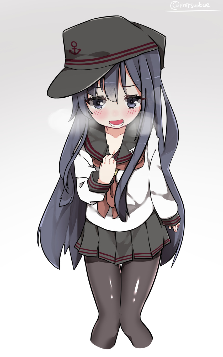 akatsuki_(kantai_collection) anchor_symbol black_hair black_legwear flat_cap hat highres kantai_collection long_hair long_sleeves mitsudoue neckerchief open_mouth pantyhose purple_eyes remodel_(kantai_collection) school_uniform serafuku solo twitter_username