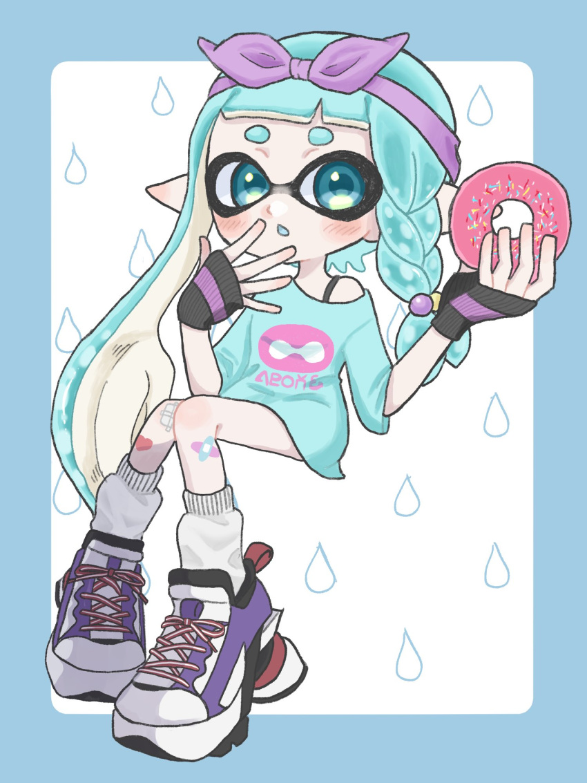 1girl bandaid bandaid_on_leg blue_border blue_eyes blue_hair blue_shirt border braid commentary_request doughnut fingerless_gloves food full_body gloves hairband highres holding holding_food inkling inkling_girl long_hair mina_p pointy_ears print_shirt purple_hairband shirt shoes socks splatoon_(series) white_background white_socks