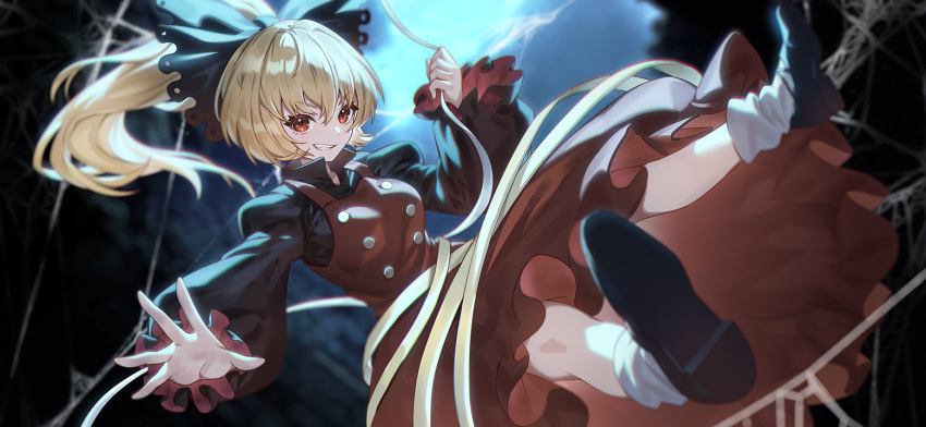 1girl black_bow black_footwear black_shirt blonde_hair bow brown_dress buttons dress floating_hair frilled_sleeves frills full_body grin hair_between_eyes hair_bow holding kurodani_yamame long_hair long_sleeves looking_at_viewer non-web_source official_art ponytail puffy_sleeves red_eyes second-party_source shirt shoes silk smile socks solo spider_web teeth touhou touhou_gensou_eclipse u_u_zan white_socks