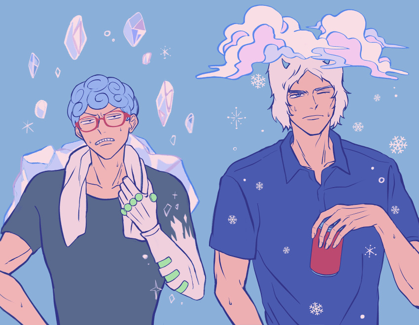 2boys absurdres blue_background blue_eyes blue_hair blue_shirt can clenched_teeth closed_mouth cloud collared_shirt commentary curly_hair fake_horns frown fur_hat ghiaccio glasses hat highres holding holding_can horned_hat horned_headwear horns ice ice_crystal in-franchise_crossover jojo_no_kimyou_na_bouken male_focus multiple_boys one_eye_closed power_connection red-framed_eyewear remiii_888 shirt short_hair short_sleeves simple_background snowflakes soda_can sparkle stand_(jojo) stone_ocean sweat teeth towel towel_around_neck upper_body v-shaped_eyebrows vento_aureo weather_report white_album_(stand)