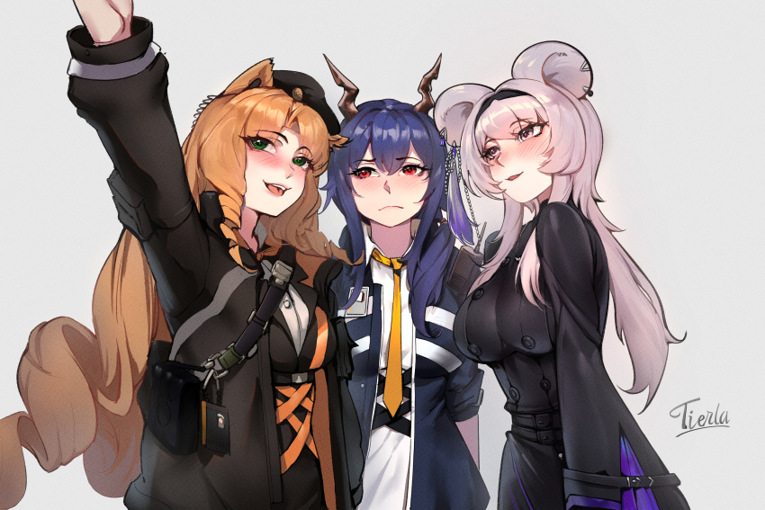 3girls :d absurdres animal_ear_fluff animal_ears arknights arm_up artist_name bag belt belt_buckle beret black_bag black_belt black_dress black_hairband black_headwear blazer blue_hair blue_jacket blush bow bowtie breasts brown_horns brown_jacket buckle buttons cable ch'en_(arknights) chest_strap closed_mouth collared_jacket collared_shirt commentary_request commission credit_card criss-cross_straps cursive double-parted_bangs dragon_girl dragon_horns dress dress_shirt drill_hair earclip earpiece earrings expressionless eyelashes from_side green_eyes hair_between_eyes hair_flowing_over hair_intakes hair_tie hairband happy hat high_collar highres horns id_card jacket jewelry lapels large_breasts lin_(arknights) lips long_hair long_sleeves looking_afar looking_ahead looking_to_the_side looking_up low_side_ponytail mouse_ears mouse_girl multiple_belts multiple_girls necklace necktie notched_lapels open_clothes open_jacket open_mouth orange_bow parted_bangs parted_lips pink_eyes pink_hair pixiv_commission pocket pointing pointing_up popped_collar puffy_long_sleeves puffy_sleeves red_eyes shadow shirt shoulder_bag shoulder_belt side_ponytail sidelocks signature simple_background sleeves_rolled_up smile snap-fit_buckle standing straight-on strap swire_(arknights) teeth tierla tiger_ears tiger_girl tongue turtleneck turtleneck_dress underbust upper_body upper_teeth_only very_long_hair walkie-talkie white_background white_shirt wide_sleeves wing_collar yellow_necktie
