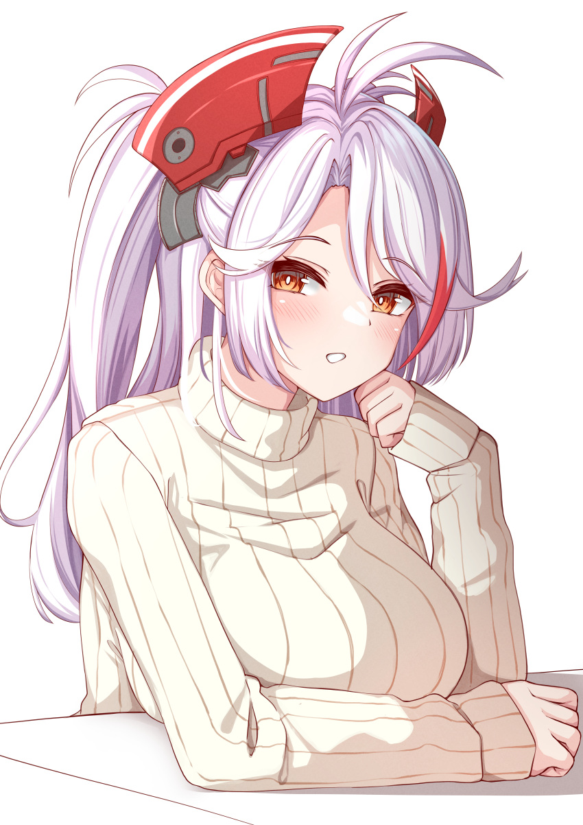 1girl absurdres alternate_costume antenna_hair azur_lane blush breasts brown_eyes grey_hair hand_up headgear highres large_breasts long_hair long_sleeves looking_at_viewer moyoron multicolored_hair parted_bangs prinz_eugen_(azur_lane) red_hair ribbed_sweater simple_background sleeves_past_wrists solo streaked_hair sweater turtleneck turtleneck_sweater upper_body white_background white_sweater