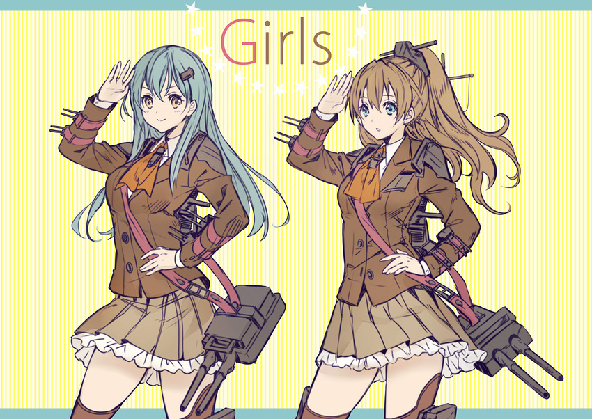 aqua_eyes aqua_hair blazer brown_eyes brown_hair hair_ornament hairclip hand_on_hip jacket kantai_collection kumano_(kantai_collection) long_hair madogawa multiple_girls ponytail smile suzuya_(kantai_collection) turret uniform