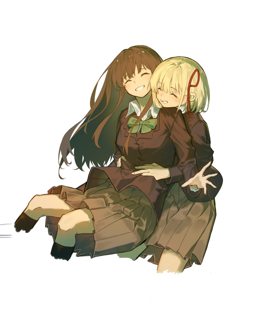 2girls ^_^ absurdres black_hair black_jacket black_socks blonde_hair blush bob_cut bow bowtie chinese_commentary closed_eyes collared_shirt commentary_request cropped_legs dkl_(dinosaurkl2) floating_hair green_bow green_bowtie grey_skirt hair_ribbon highres hug hug_from_behind inoue_takina jacket kneehighs long_hair looking_at_viewer lycoris_recoil multiple_girls nishikigi_chisato open_mouth pleated_skirt red_ribbon ribbon school_uniform shirt short_hair sidelocks simple_background skirt smile socks white_background white_shirt yuri
