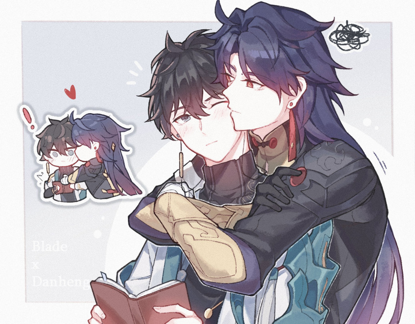 ! 2boys ahoge aqua_armor armor bandaged_hand bandages black_gloves black_hair black_jacket black_shirt blade_(honkai:_star_rail) blue_hair blush book border character_name chibi chibi_inset closed_eyes closed_mouth collared_jacket cropped_torso crossed_arms dan_heng_(honkai:_star_rail) earrings eyeliner from_side gloves green_eyes hand_on_another's_chest heart high_collar highres holding holding_book honkai:_star_rail honkai_(series) hug hug_from_behind jacket jewelry kiss kissing_cheek lnchs2 long_hair looking_at_another makeup male_focus mandarin_collar multiple_boys multiple_views notice_lines one_eye_closed open_clothes open_jacket outside_border pauldrons red_eyeliner red_eyes shirt short_hair shoulder_armor squiggle turtleneck upper_body very_long_hair very_short_hair white_border white_jacket yaoi