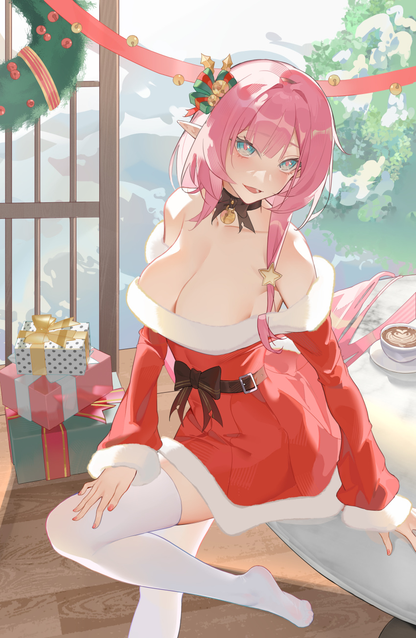 1girl :d absurdres bare_shoulders bell belt black_belt black_bow black_choker blue_eyes blush bow box breasts choker cleavage comet_(user_fjsa4577) commentary_request dress elysia_(honkai_impact) foot_out_of_frame gift gift_box hair_bell hair_ornament highres honkai_(series) honkai_impact_3rd jingle_bell long_hair long_sleeves looking_at_viewer neck_bell no_shoes off-shoulder_dress off_shoulder open_mouth pink_hair pointy_ears red_dress sitting smile solo thighhighs very_long_hair white_thighhighs
