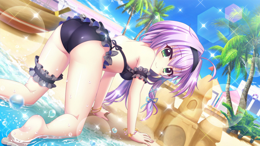 1girl ahoge all_fours arm_garter ass ass_focus bangle barefoot beach bikini black_bikini black_garter black_hairband blue_ribbon blue_sky bracelet breasts bridal_garter building canoe closed_mouth day dot_nose dutch_angle film_grain flag frilled_bikini frills from_behind game_cg green_eyes hair_ribbon hairband hokaze_kanade izumi_tsubasu jewelry lens_flare long_hair looking_at_viewer looking_back medium_breasts non-circular_lens_flare non-web_source official_art outdoors palm_tree purple_hair re:stage! ribbon sand_castle sand_sculpture sky smile soles solo sparkle star_(symbol) swimsuit thighs tree water water_drop wet