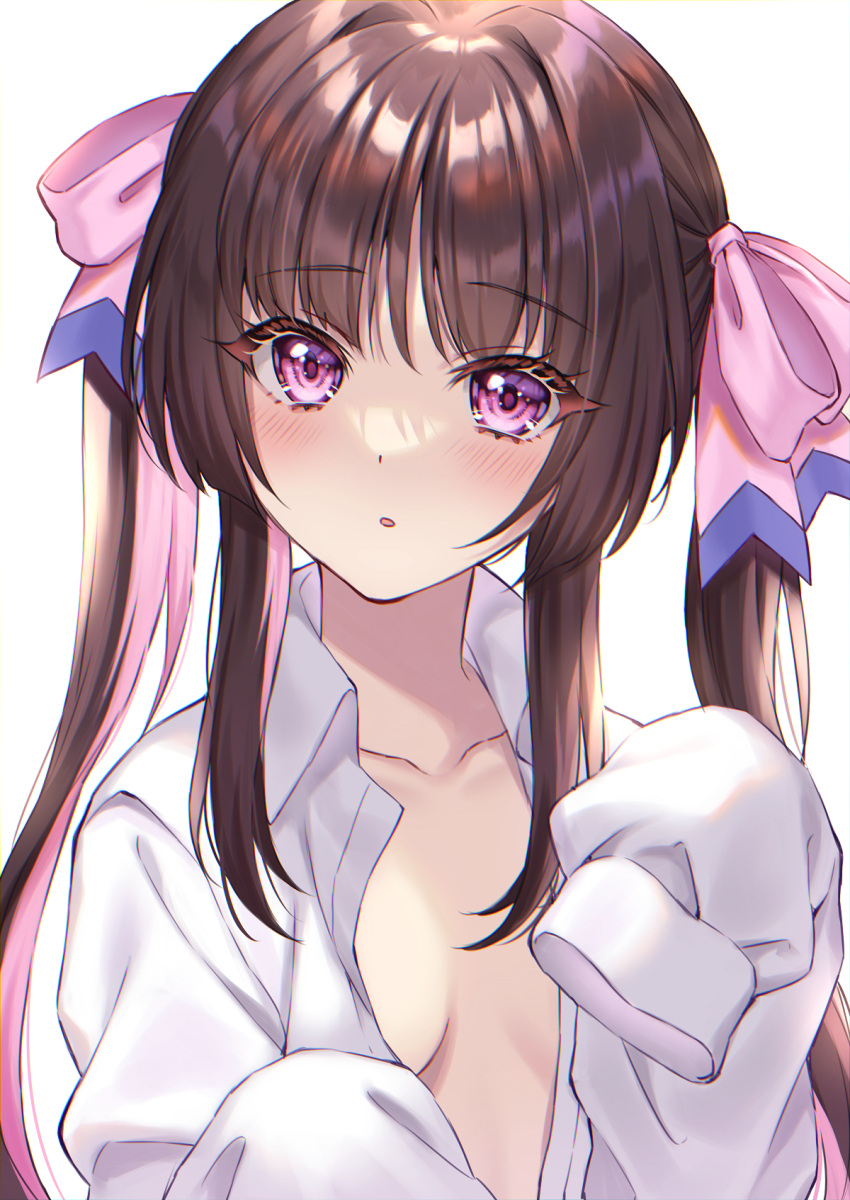 1girl breasts brown_hair collared_shirt dot_nose eyebrows_hidden_by_hair hair_ribbon highres light_blush long_bangs long_hair looking_at_viewer no_bra open_mouth oversized_clothes oversized_shirt pink_ribbon purple_eyes ribbon senki_zesshou_symphogear shirt small_breasts solo tsukuyomi_shirabe twintails unbuttoned unbuttoned_shirt upper_body very_long_hair white_shirt yuuheisyoujyo