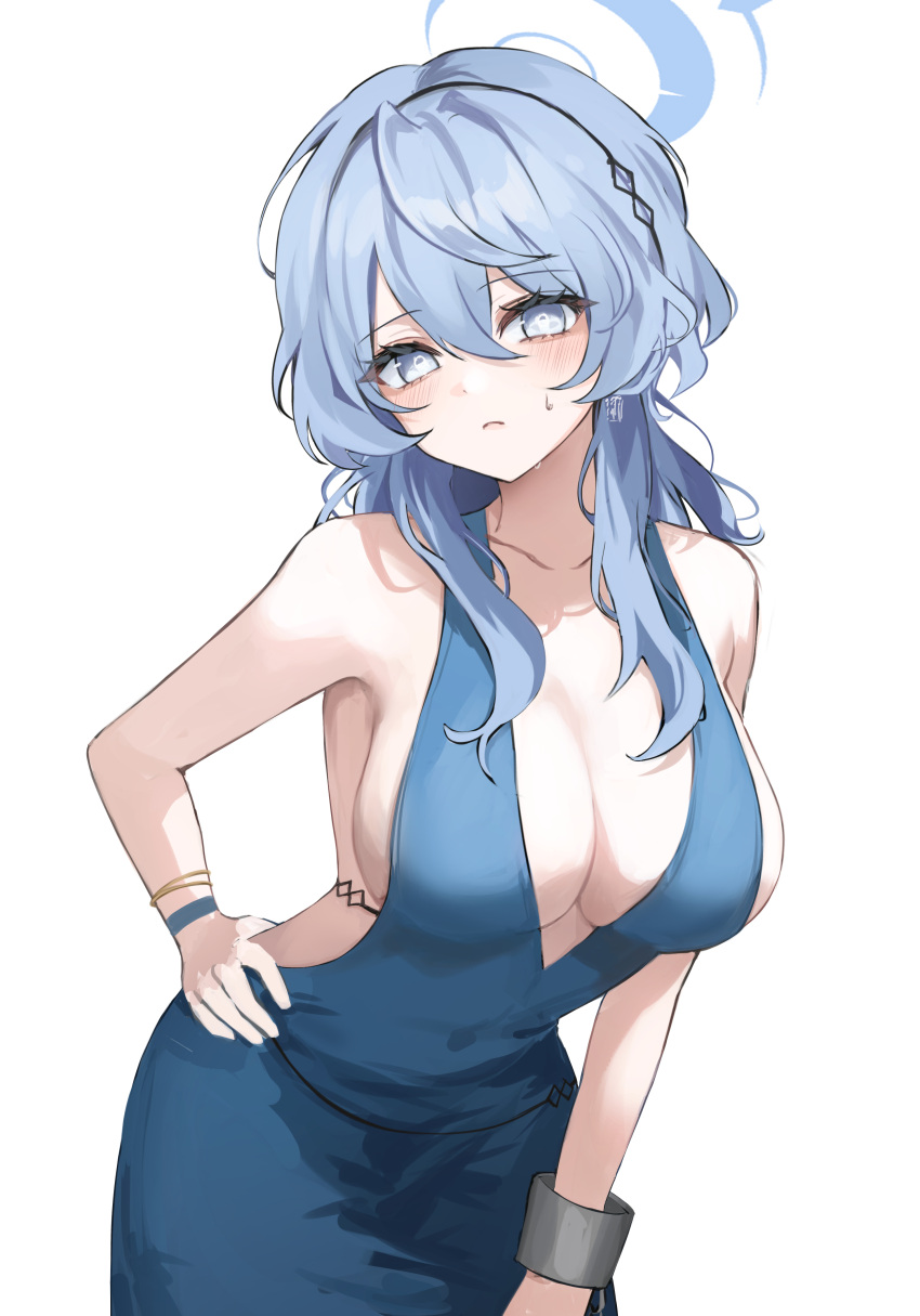 1girl absurdres ako_(blue_archive) ako_(dress)_(blue_archive) bare_arms bare_shoulders blue_archive blue_dress blue_eyes blue_hair breasts chabi cleavage commentary cowboy_shot dress head_tilt highres large_breasts leaning_forward long_hair looking_at_viewer official_alternate_costume revision simple_background sleeveless sleeveless_dress solo standing white_background