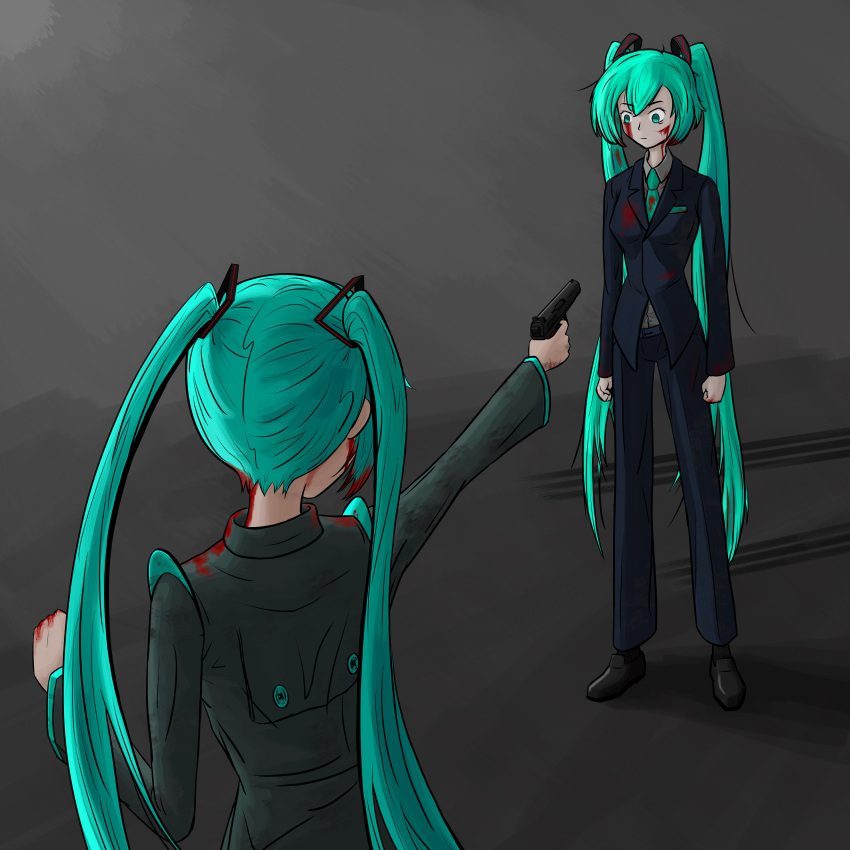 2girls absurdres aqua_eyes aqua_hair blood blood_on_clothes blood_on_face blood_on_hands business_suit formal gun hatsune_miku highres holding holding_gun holding_weapon long_hair multiple_girls nyanskii original suit twintails very_long_hair vocaloid weapon