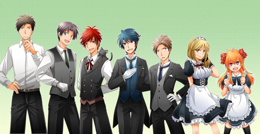 animal_on_shoulder apron arms_behind_back ascot black_hair black_necktie black_vest blonde_hair blue_ascot blue_eyes blue_hair blue_necktie bow breasts brown_eyes brown_hair butler cat cat_on_shoulder clenched_hands commentary_request crossdressing dress frown gekkan_shoujo_nozaki-kun gloves green_eyes green_necktie hair_bow hand_on_own_hip hori_masayuki kashima_yuu kneehighs large_breasts maid maid_headdress medium_breasts medium_dress mikoshiba_mikoto necktie nozaki_umetarou open_mouth orange_hair polka_dot polka_dot_bow purple_eyes red_eyes red_hair reverse_trap sakura_chiyo seo_yuzuki smile socks takana_x123 vest waist_apron waiter wakamatsu_hirotaka white_gloves wrist_cuffs yellow_eyes