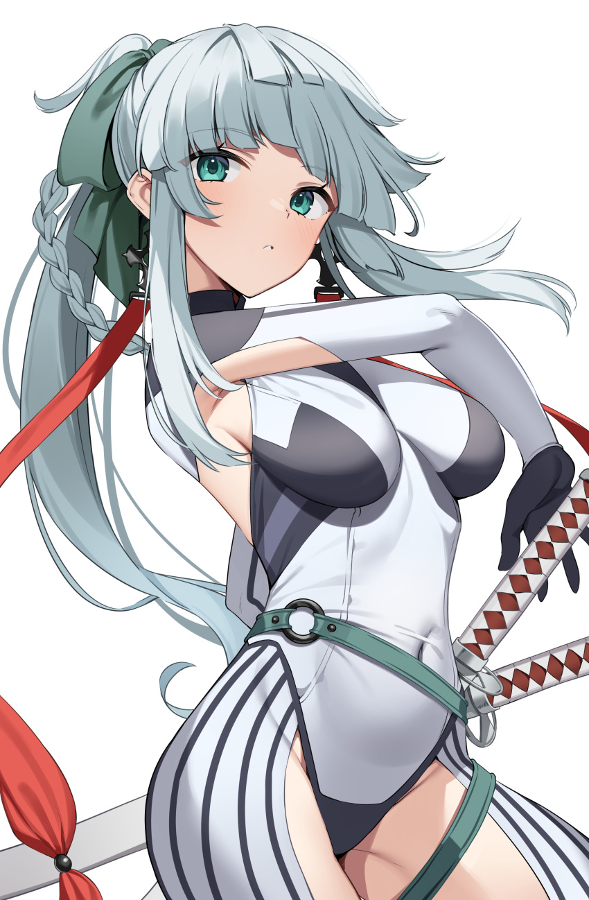 1girl absurdres armpit_cutout belt black_bodysuit bodysuit braided_hair_rings breasts clothing_cutout earrings fate/grand_order fate/samurai_remnant fate_(series) green_eyes hair_ribbon highres jewelry katana long_hair looking_at_viewer medium_breasts ponytail ribbon sidelocks solo suiroh_(shideoukami) sword thigh_cutout thighs two-tone_bodysuit weapon white_bodysuit white_hair yui_shousetsu_(fate) yui_shousetsu_(first_ascension)_(fate)