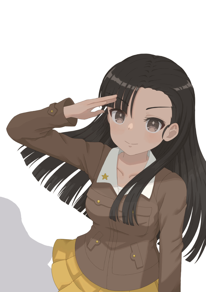 1girl absurdres asymmetrical_bangs black_eyes black_hair brown_jacket chi-hatan_military_uniform closed_mouth commentary girls_und_panzer highres jacket long_hair long_sleeves looking_at_viewer military_uniform miniskirt nishi_kinuyo pleated_skirt qgkmn541 salute shadow simple_background skirt smile solo standing star_(symbol) straight_hair uniform white_background yellow_skirt
