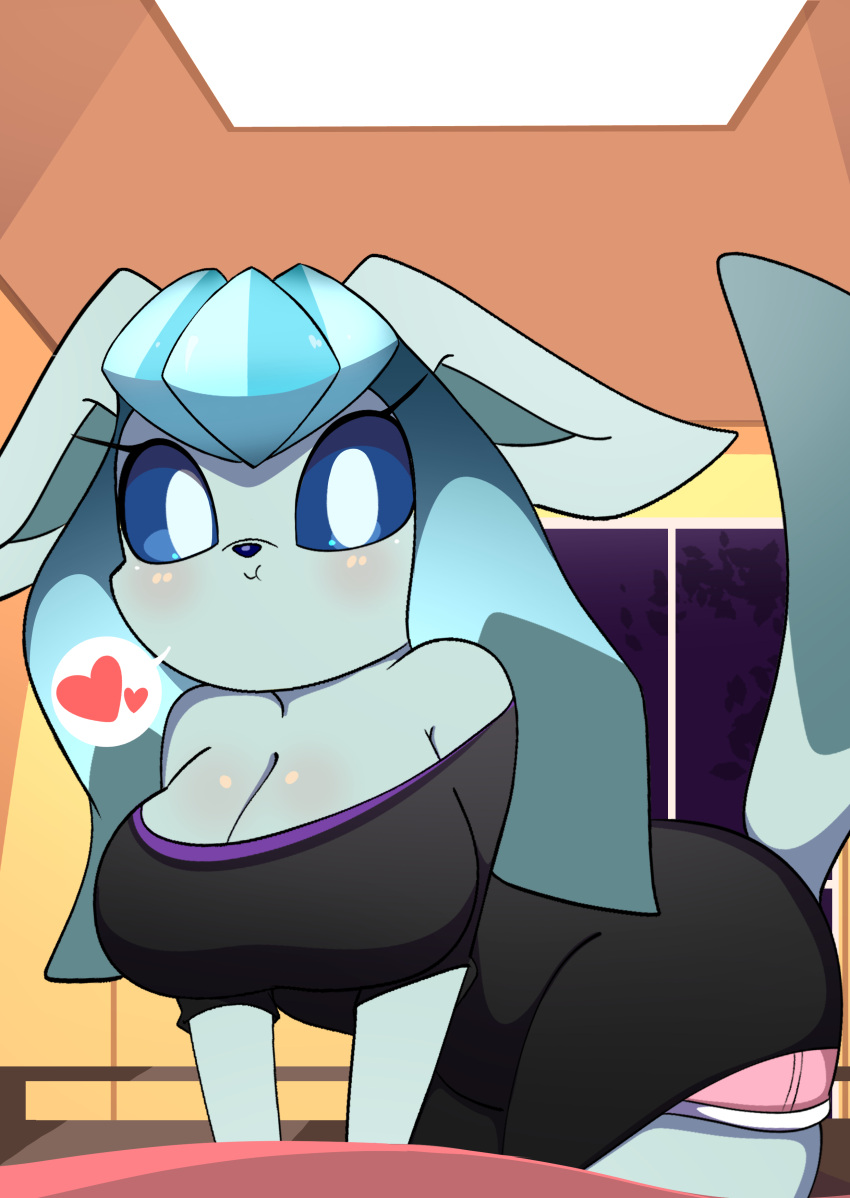 &lt;3 2024 absurd_res anthro baggy_clothing baggy_shirt baggy_topwear big_breasts bottomwear breasts cleavage clothed clothing eeveelution female generation_4_pokemon glaceon hi_res leaning leaning_forward looking_at_viewer nintendo onibi pokemon pokemon_(species) shirt shorts solo tail topwear