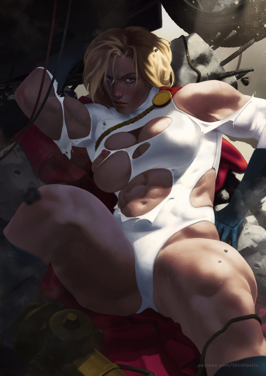 abs absurdres accidental_exposure blonde_hair blue_eyes blue_gloves breasts cape cleavage_cutout clothing_cutout dc_comics dima_ivanov feet_out_of_frame fire_hydrant glaring gloves hand_on_ground highleg highleg_leotard highres large_breasts leotard lifting_vehicle muscular muscular_female nipple_slip nipples on_ground power_girl rebar reclining red_cape rubble thick_thighs thighs tire torn_clothes torn_leotard white_leotard