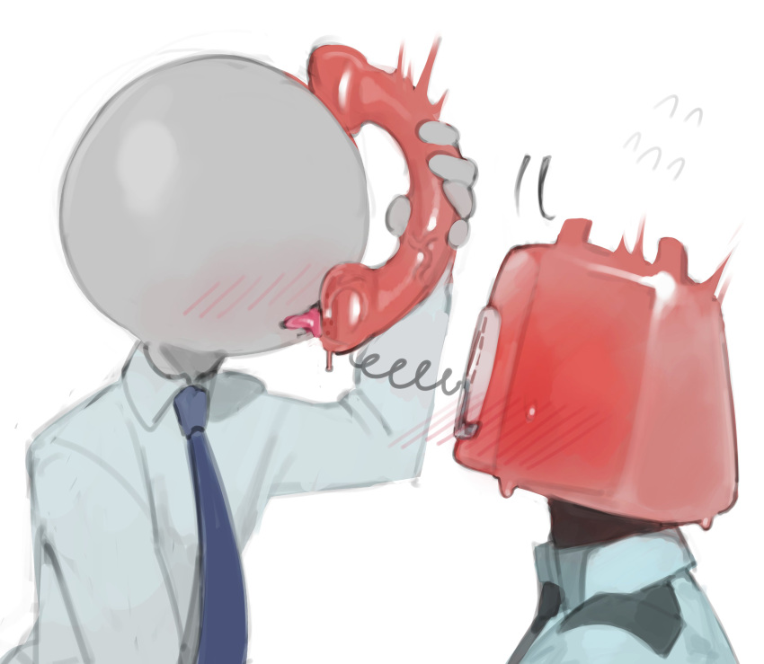 absurd_res ambiguous_gender anon bald blush bodily_fluids clothed clothing duo electronics eyeless five_nights_at_freddy's flying_sweatdrops for_a_head grey_body grey_skin hi_res human humanoid kogito licking mammal necktie not_furry object_head phone phone_guy_(fnaf) rotary_phone saliva scottgames security security_guard shirt sweat sweatdrop tongue tongue_out topwear uniform