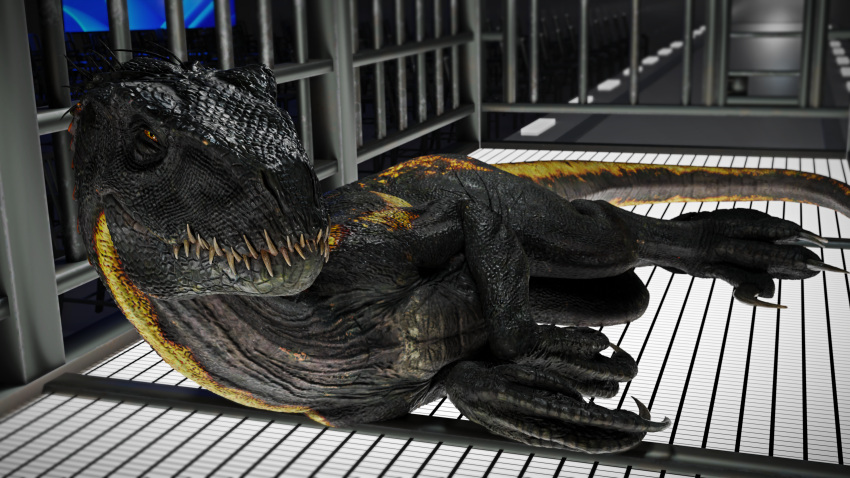 16:9 3d_(artwork) 4k absurd_res black_body black_scales cage claws detailed_background digital_media_(artwork) dinosaur dromaeosaurid feral hi_res indoraptor inside ivorylagiacrus jurassic_park jurassic_world looking_at_viewer lying male on_ground on_side orange_eyes pupils reptile ripper_(jurassic_world) scales scalie sharp_claws sharp_teeth slit_pupils smile solo tail teeth theropod universal_studios widescreen yellow_body yellow_scales