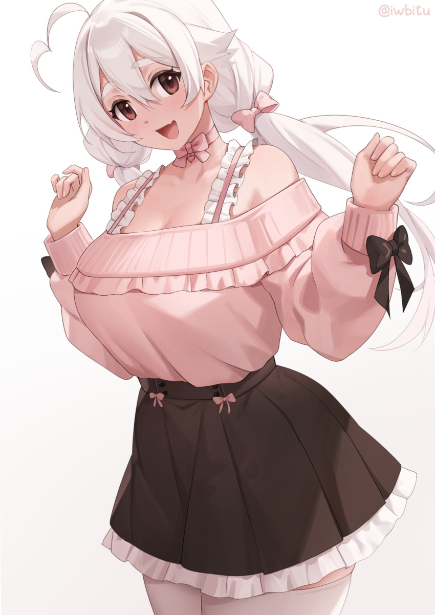 1girl ahoge bare_shoulders breasts brown_eyes choker cleavage cowboy_shot grey_hair hair_between_eyes hands_up heart heart_ahoge highres iwbitu large_breasts long_hair long_sleeves looking_at_viewer miniskirt nyopu off-shoulder_sweater off_shoulder open_mouth original pink_sweater ribbon_choker shirt_tucked_in simple_background skirt smile solo sweater sweater_tucked_in thick_eyebrows twintails white_background white_hair