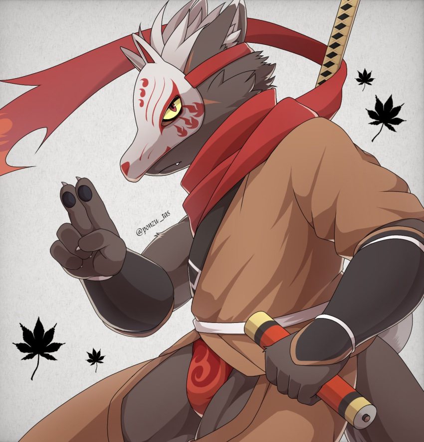 2021 2022 5_fingers anthro asian_clothing brown_body brown_fur canid canine canis clothing domestic_dog east_asian_clothing fingers fur hi_res japanese_clothing katana lifewonders looking_at_viewer male mammal mask melee_weapon ponzu_tas red_eyes solo sword tadatomo tokyo_afterschool_summoners weapon white_body white_fur yellow_sclera