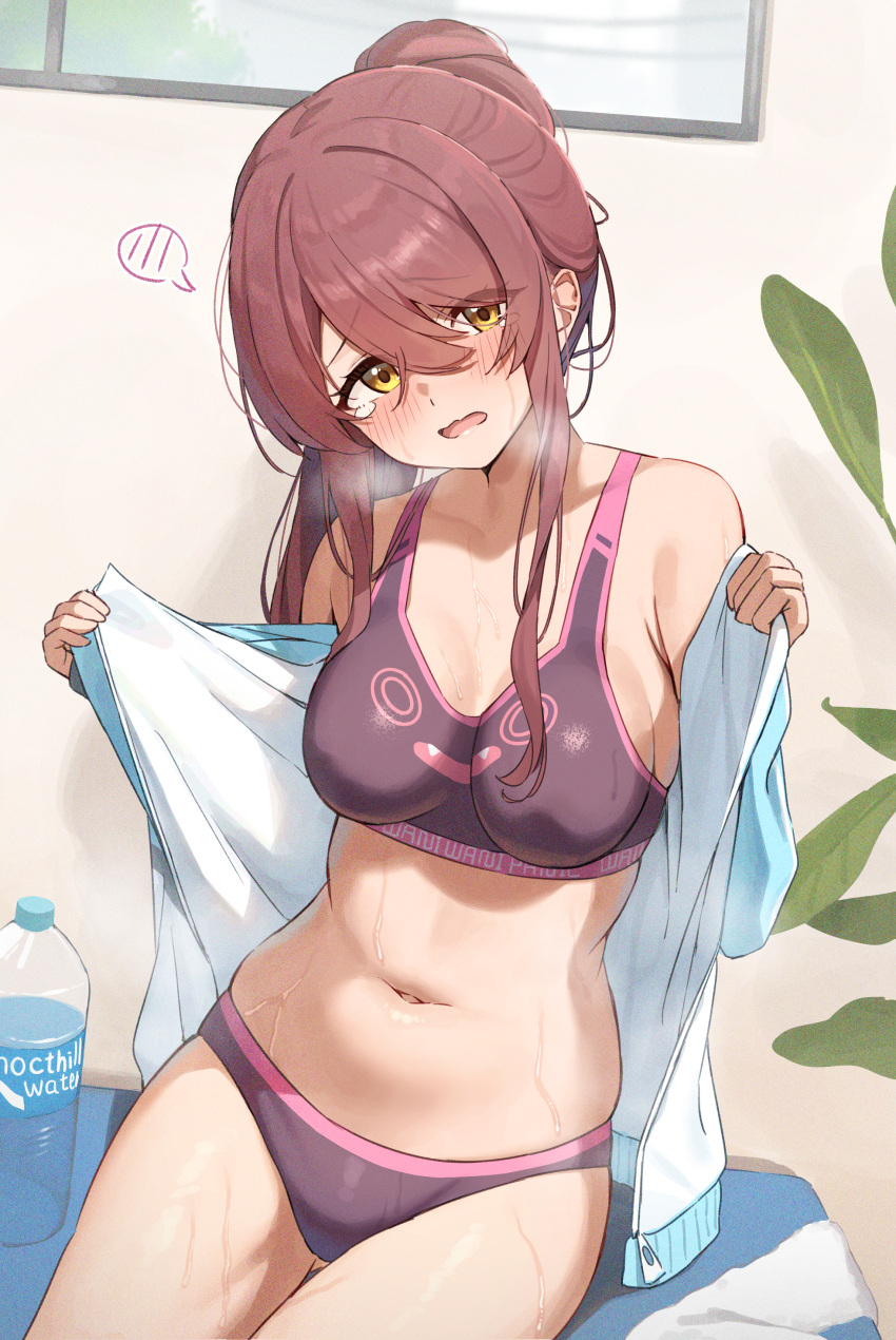 absurdres blush bottle bra brand_name_imitation breasts breath brown_hair collarbone debi_tarou hair_between_eyes head_tilt highres idolmaster idolmaster_shiny_colors indoors jacket looking_at_viewer medium_breasts navel open_clothes open_jacket osaki_tenka panties ponytail purple_bra purple_panties sidelocks sitting skindentation stomach sweat tears track_jacket underwear wanimaru water_bottle yellow_eyes