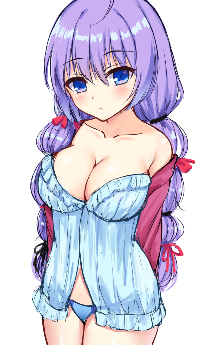 1girl aqua_babydoll arms_behind_back babydoll bare_shoulders blue_eyes blue_panties blush breasts cleavage closed_mouth collarbone commentary_request cowboy_shot expressionless hair_between_eyes highres koibana_ren'ai large_breasts long_hair looking_at_viewer low_twintails ncontrail_(mgax7527) panties purple_hair simple_background sketch solo twintails underwear very_long_hair white_background yuugure_tokoyo