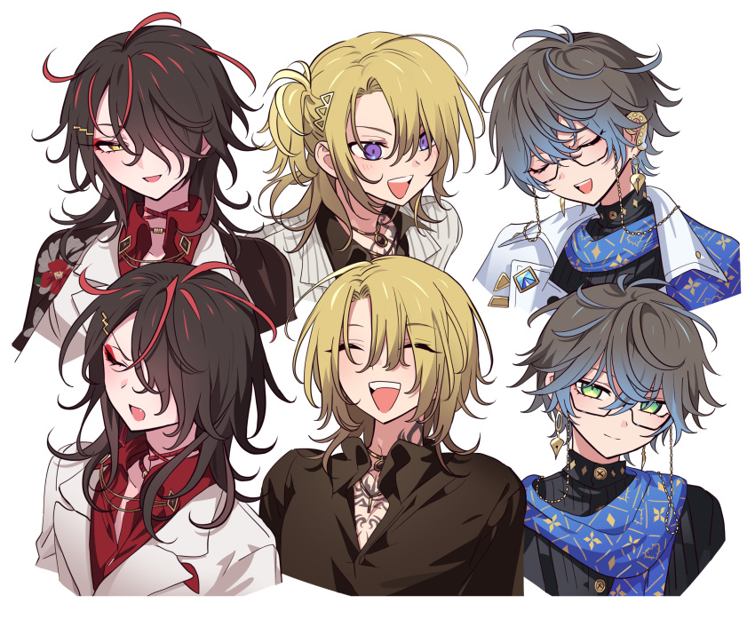 3boys :d androgynous black_hair black_shirt blonde_hair blue_hair blue_scarf brown_hair chest_tattoo closed_eyes closed_mouth collared_shirt commentary_request cropped_torso earrings expressions eyeliner eyewear_strap facing_viewer glasses grey_hair hair_between_eyes hair_over_one_eye highres ike_eveland jewelry laughing long_hair looking_at_viewer looking_to_the_side luca_kaneshiro makeup male_focus meremero multicolored_hair multiple_boys multiple_views nijisanji nijisanji_en open_mouth purple_eyes red_eyeliner red_hair red_shirt scarf shirt short_hair simple_background smile streaked_hair tattoo upper_body virtual_youtuber vox_akuma white_background yellow_eyes