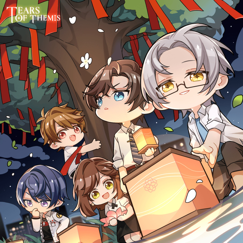 +_+ 1girl 4boys :d artem_wing_(tears_of_themis) belt black_pants black_shirt black_shorts black_skirt black_sky blue_eyes blue_necktie brown_eyes brown_hair brown_pants cloud cloudy_sky collared_shirt copyright_name english_commentary fang glasses green_eyes grin jacket lantern lily_pad luke_pearce_(tears_of_themis) marius_von_hagen_(tears_of_themis) medium_hair mole mole_on_neck multiple_boys necktie official_art open_clothes open_jacket open_mouth outdoors pants purple_eyes purple_hair rosa_(tears_of_themis) shirt short_sleeves shorts skirt sky smile tears_of_themis tree vyn_richter_(tears_of_themis) white_jacket white_shirt yellow_eyes