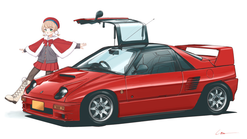 1girl autozam_az-1 blush bow bowtie capelet car cardigan cross-laced_footwear fur-trimmed_capelet fur_trim green_eyes grey_cardigan hair_ornament highres indie_virtual_youtuber light_brown_hair long_sleeves looking_at_viewer low_twintails motor_vehicle open_mouth outstretched_arms pantyhose pleated_skirt pom_pom_(clothes) pom_pom_hair_ornament red_bow red_bowtie red_capelet red_car red_headwear red_skirt shigure_ui_(vtuber) short_hair short_twintails signature simana simple_background skirt smile solo spread_arms twintails vehicle_focus virtual_youtuber white_background white_footwear